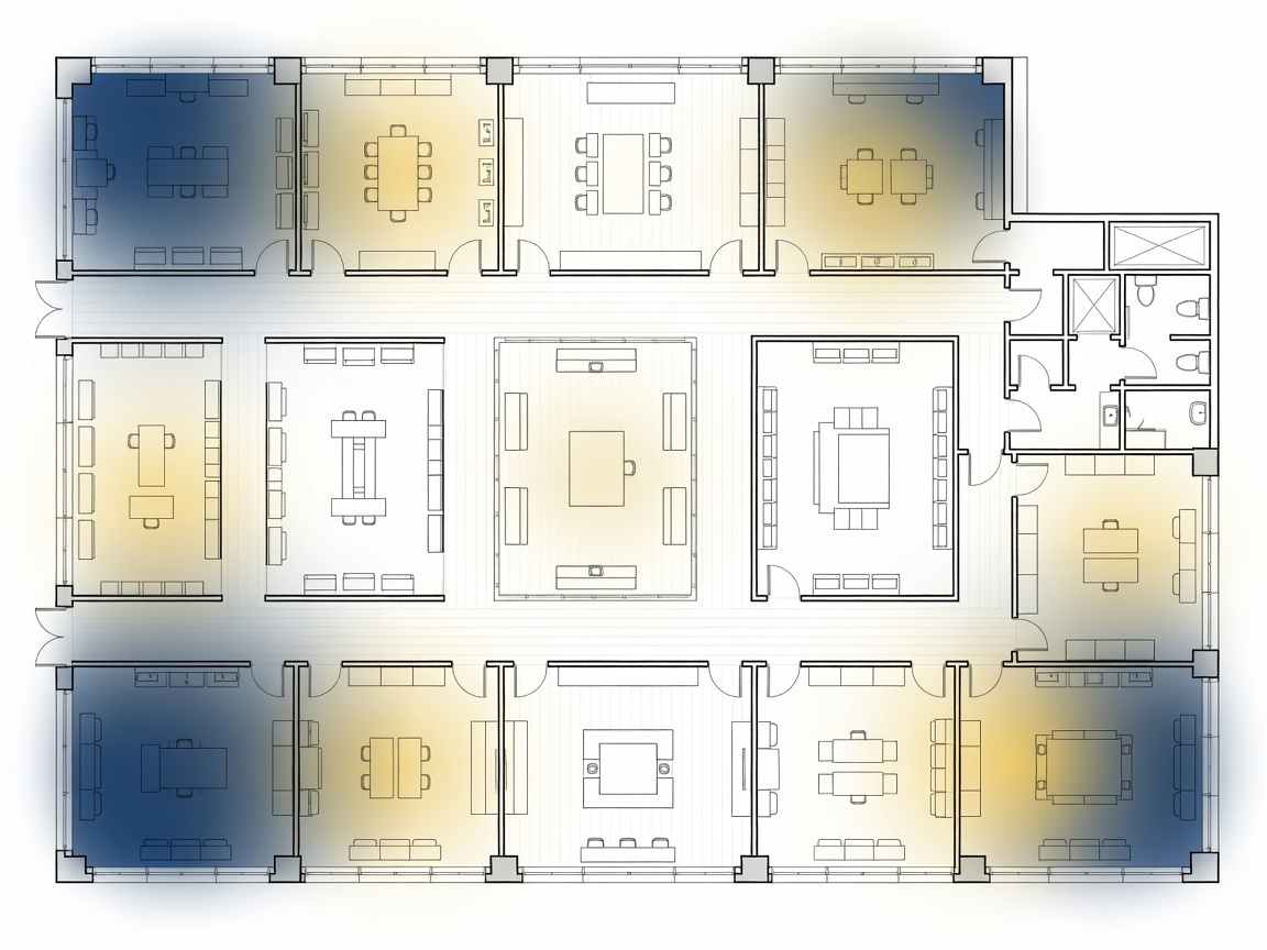 Architectural floor plan showing lux distribution and retail zoning diagrams