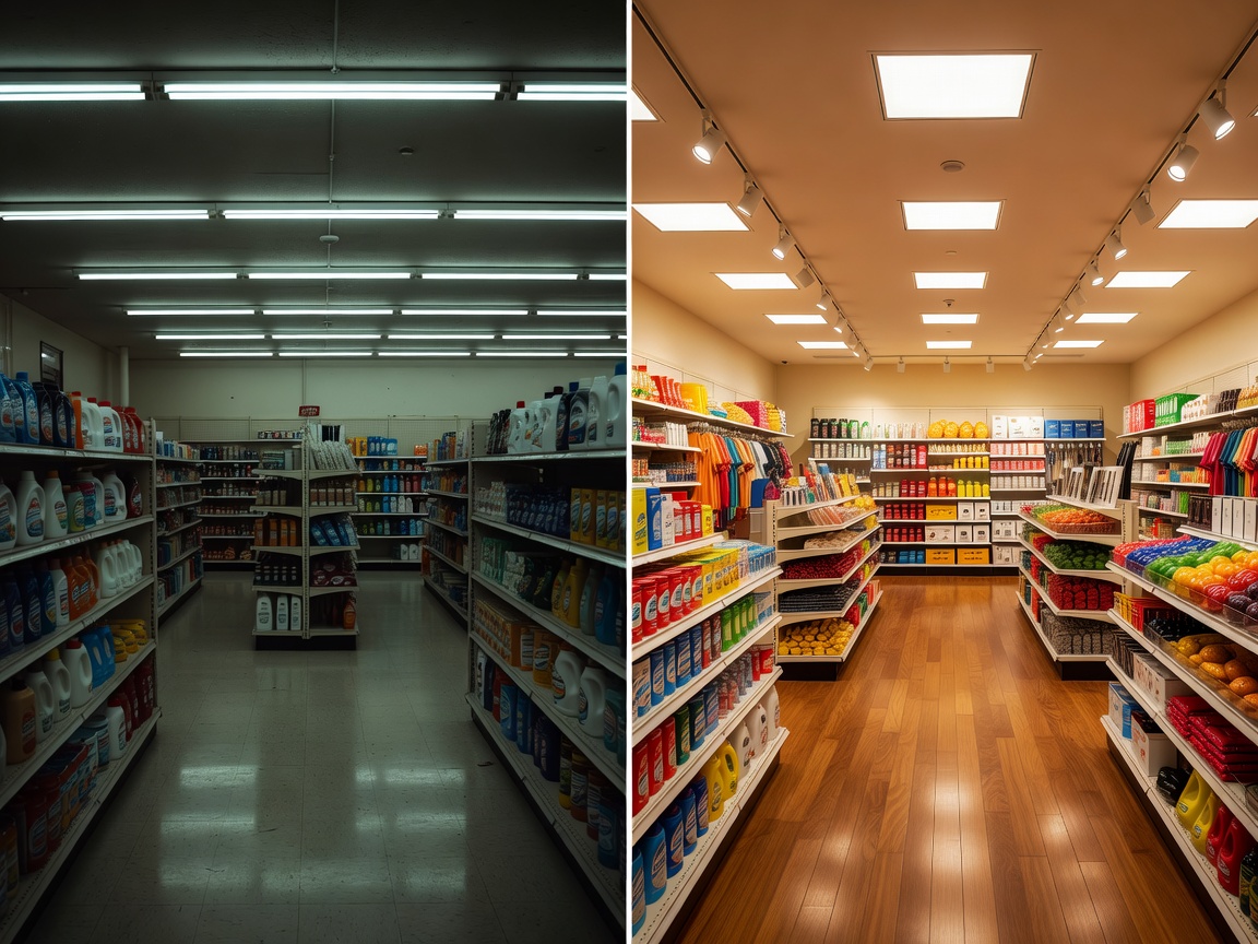 Before and after concept of a retail store undergoing a lighting upgrade