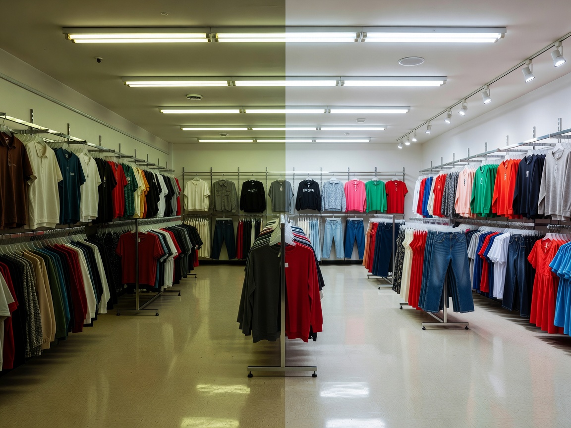 Comparative view of a retail space before and after an LED lighting upgrade