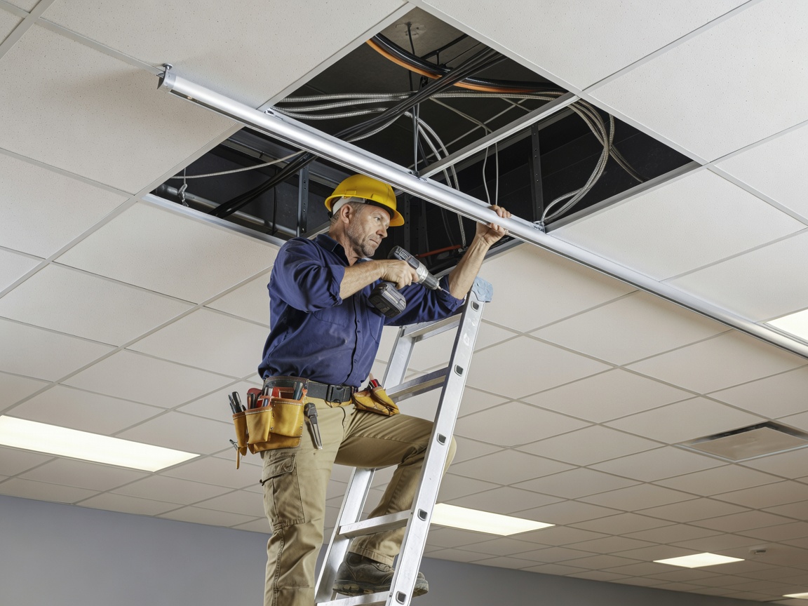 Electrician securing a track lighting rail to a suspended acoustic ceiling