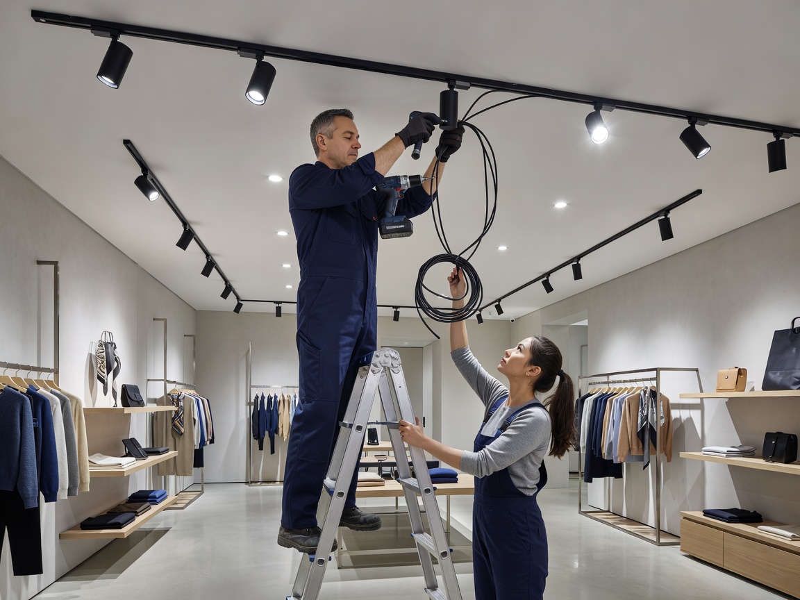 Electricians installing modern ceiling track lights in a boutique store