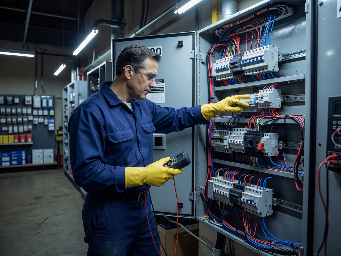 Engineer checking control systems in a commercial retail electrical panel