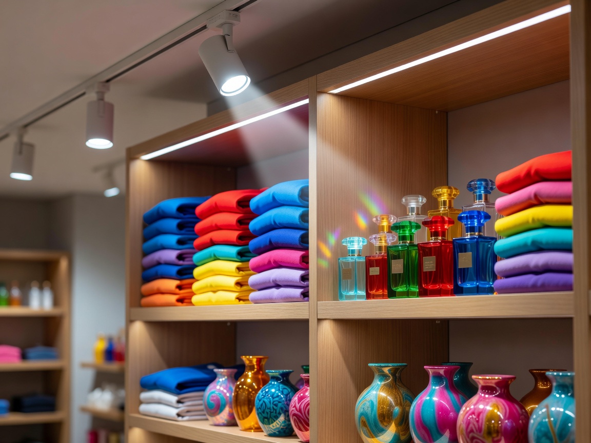 High CRI LED track light illuminating a colorful retail display