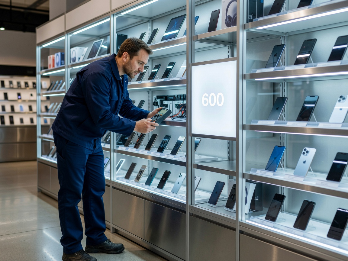 Technician inspecting an illuminated retail shelving unit